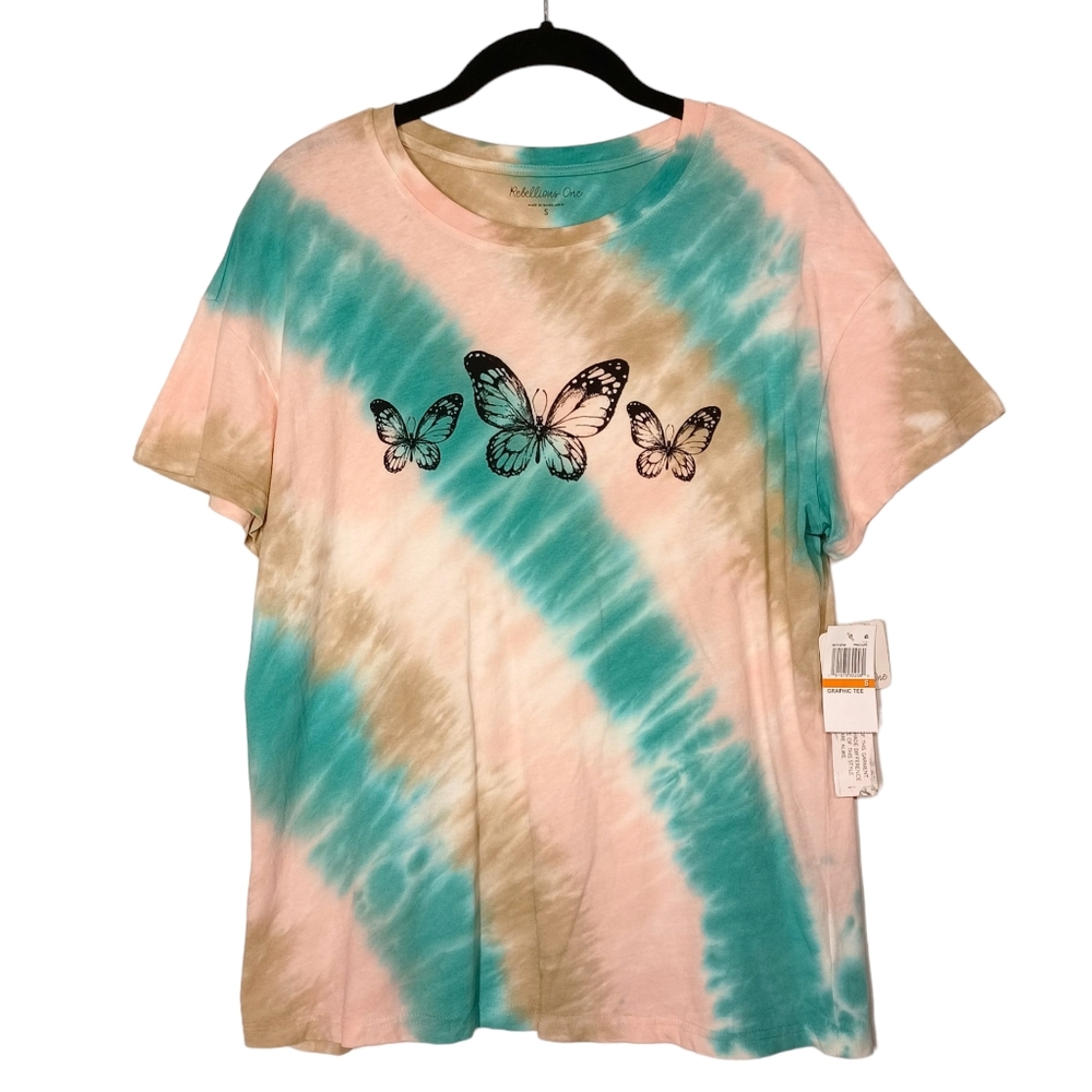 REBELLIOUS ONE Pink Tan Blue Tie Dye Butterfly Print Short Sleeve T Shirt S NWT